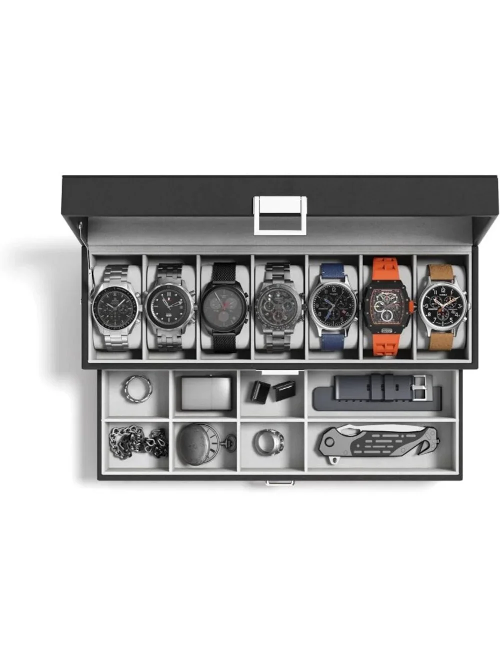 Men's 7-Slot Watch Case Box - Real Glass Display, Jewelry Drawer, PU Leather